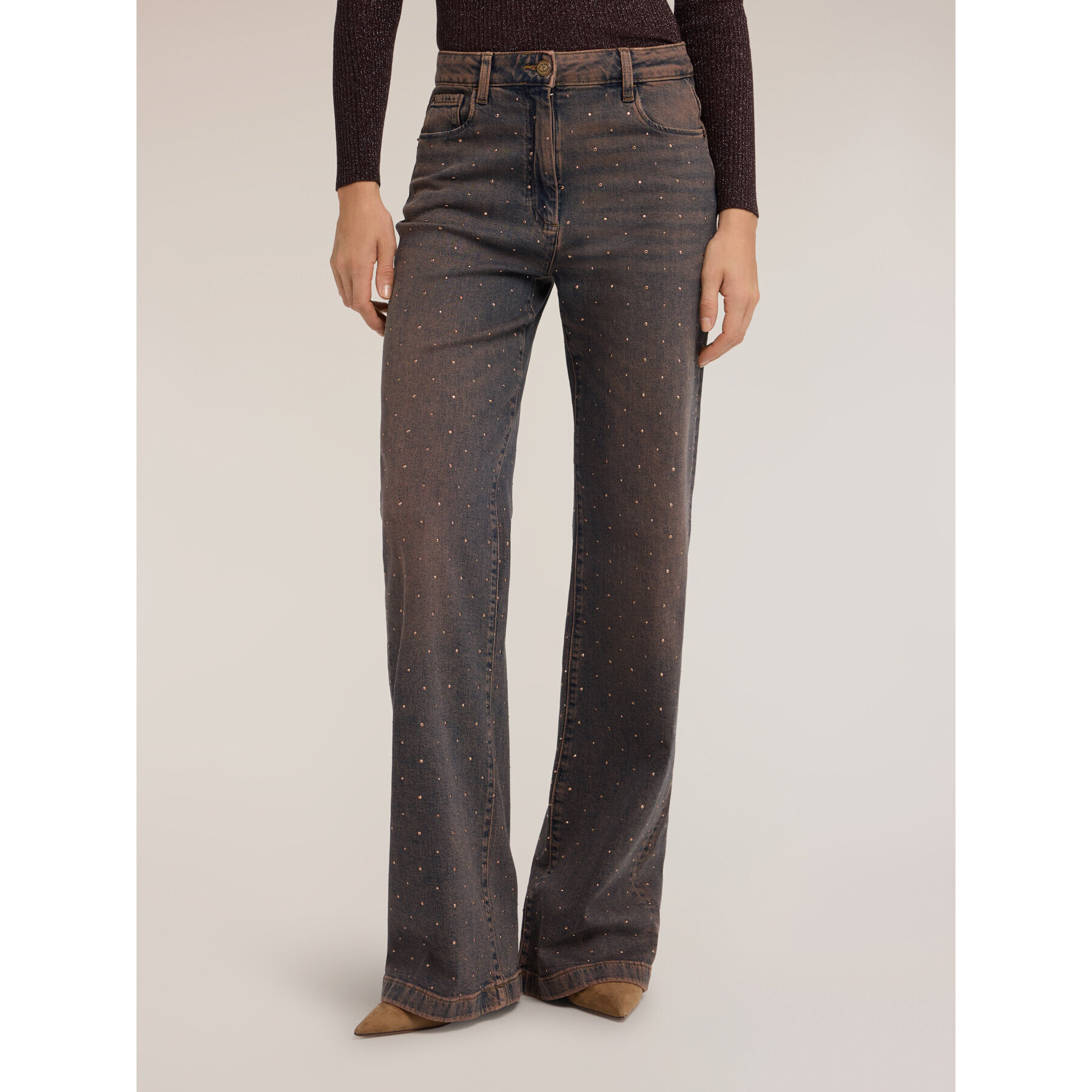 Motivi - Jeans wide fit con applicazioni di strass - Marrone