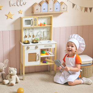 Cocina de Juguete de Madera con Sonido, Cocinita Infantil con Accesorios de Acero Inoxidable, Microondas, Horno, Fregadero, Verduras para Cortar, para Niños a Partir de 3 Años, Dorado