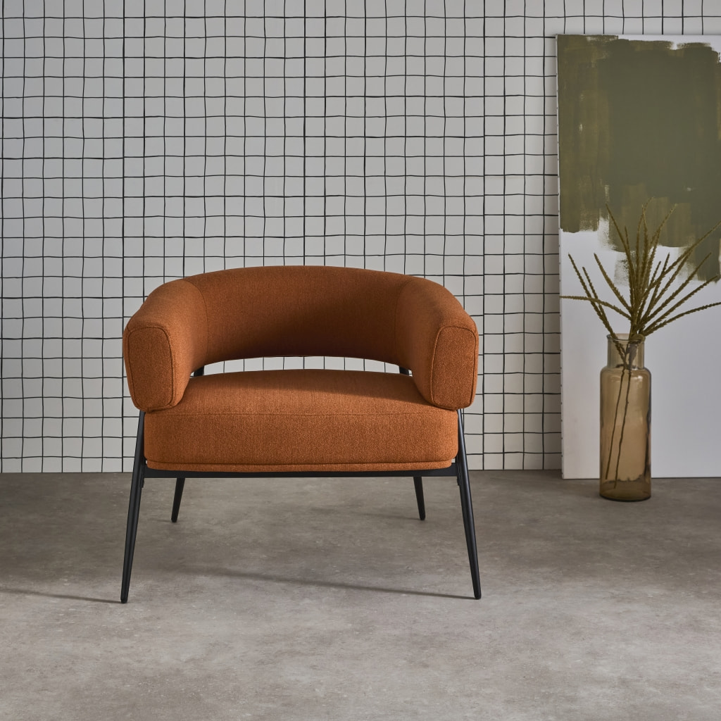 Fauteuil tissu terracotta dossier incurvé piétement métal L 81.5 x P 72.5 x H 69 cm - Cristo