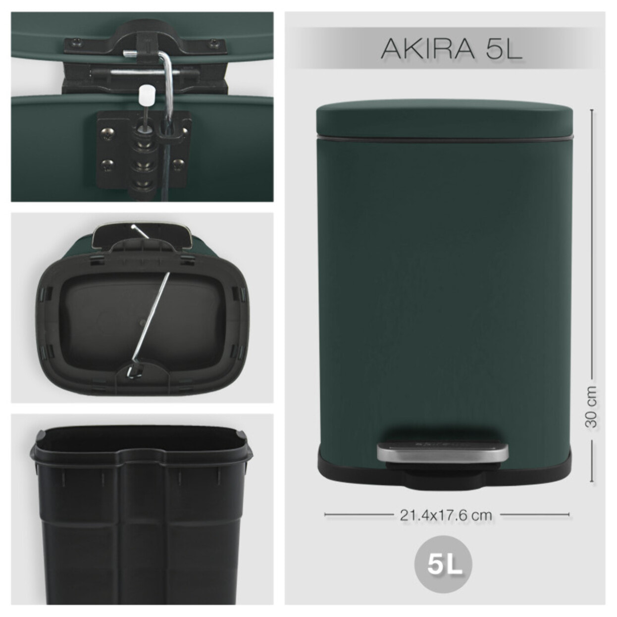 Set Poubelle à  pédale 5L & Brosse Wc AKIRA Vert Foncé mat Spirella