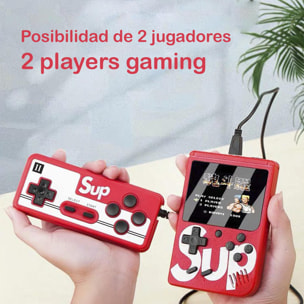 Consola retro de videojuegos con pantalla y 400 juegos incluidos. Incluye mando para jugar 2 personas en la TV.