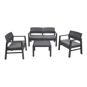 Set salotto da esterno Carpi, Set da giardino con 2 poltrone, 1 divano ed 1 tavolino, Salottino effetto rattan con cuscini, 100% Made in Italy, Antracite