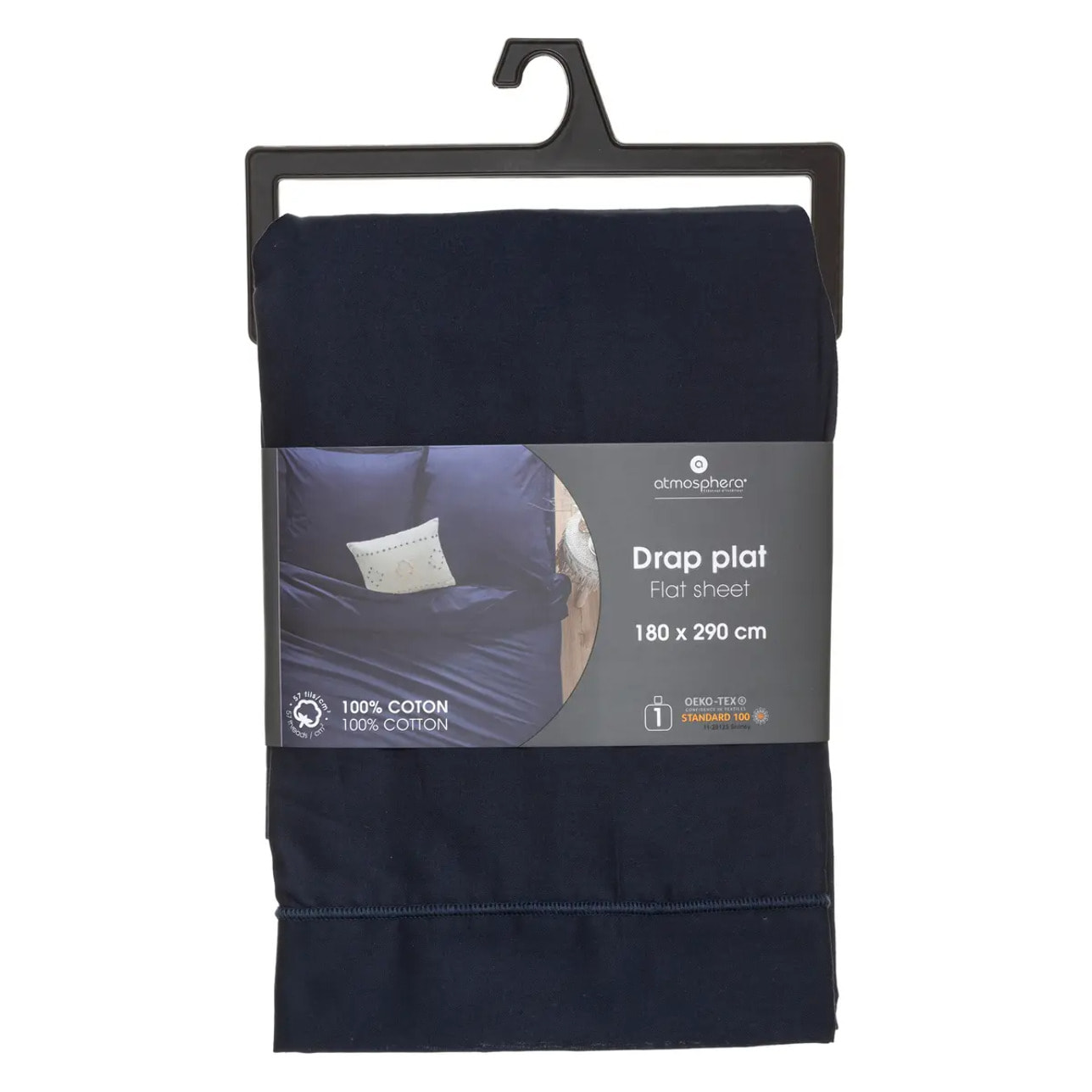 Drap plat "Carina" en coton 180x290cm bleu encre