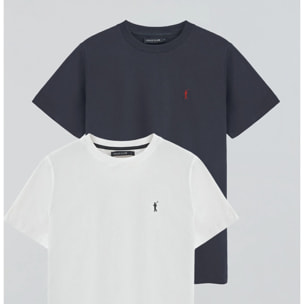 Pack hombre de dos camisetas en azul marino y blanco con cuello redondo y bordado Rigby Go