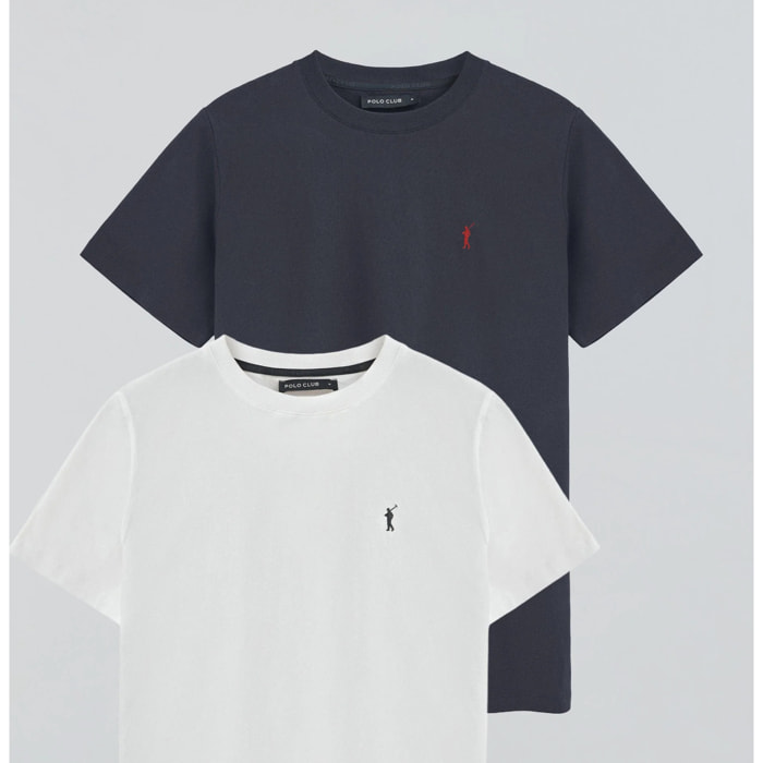 Pack hombre de dos camisetas en azul marino y blanco con cuello redondo y bordado Rigby Go