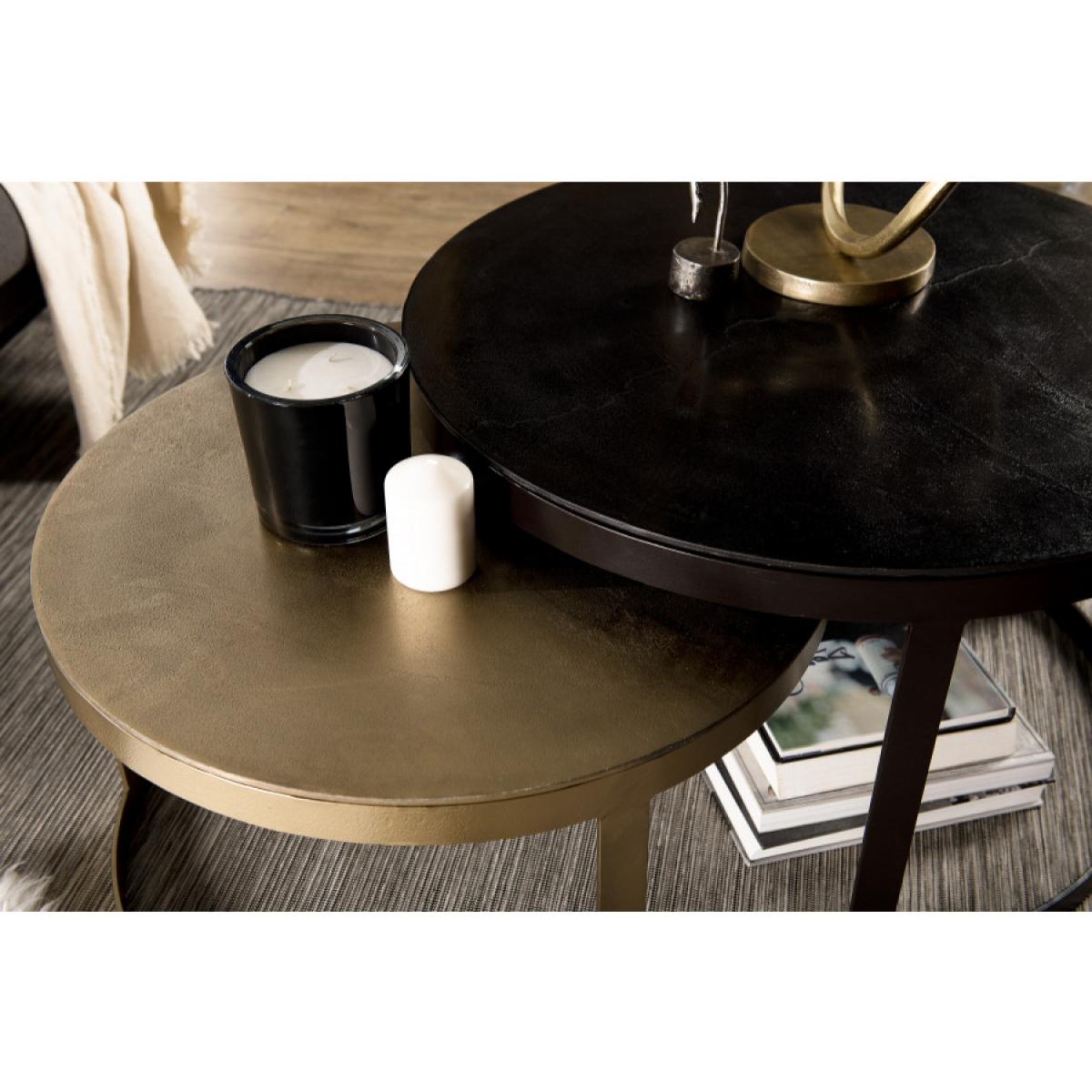 JONAS - Set de 2 tables gigognes ceinturées rondes aluminium noir doré - pieds métal demi-cercle