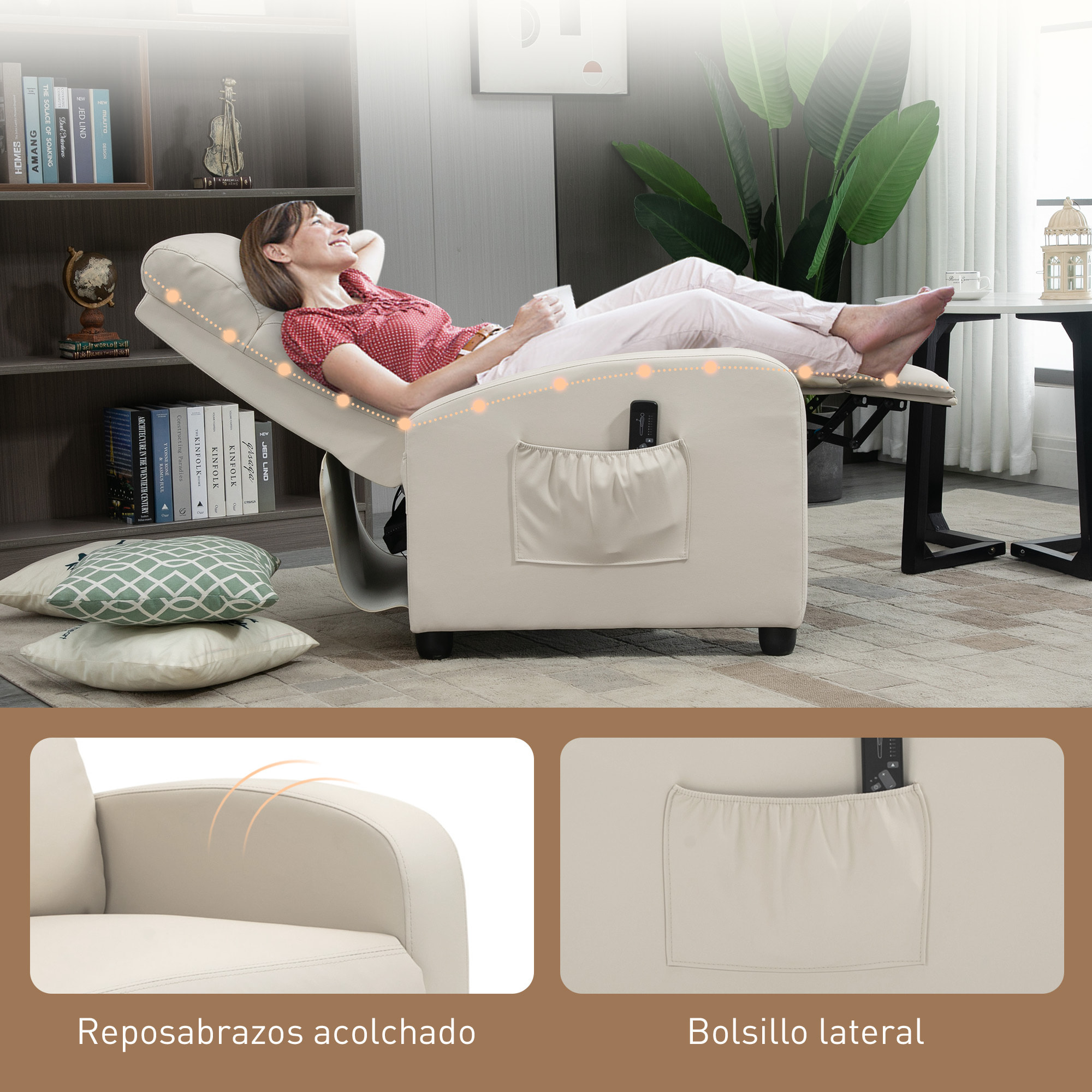 Sillón de Masaje Sillón Relax Reclinable con Mando a Distancia 2 Zonas de Masaje 8 Programas 5 Niveles de Intensidad 1 Bolsillo Lateral y Temporizador Tapizado en PU 68x88x98 cm Crema