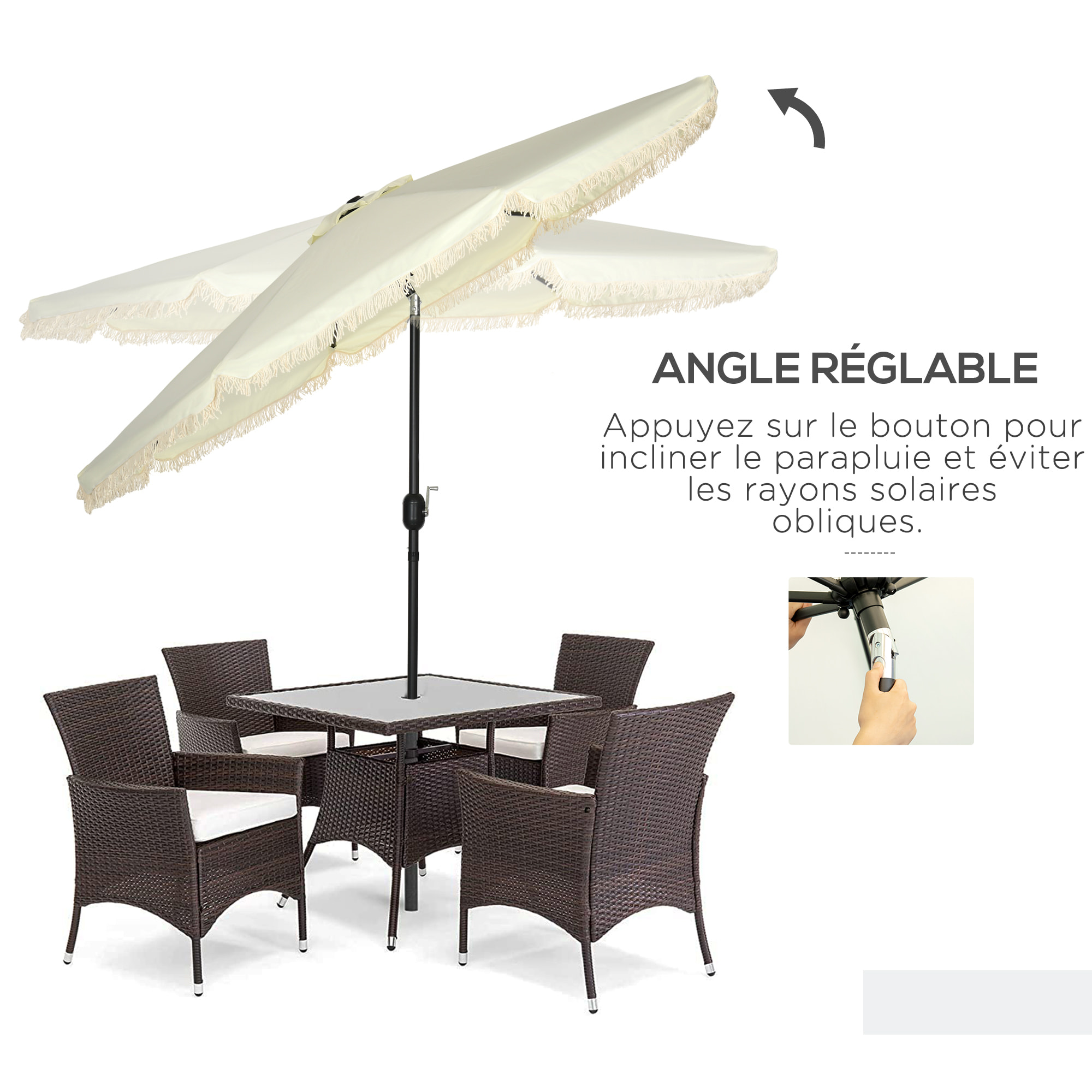 Parasol octogonal inclinable Ø 2,68 x 2,32H m mât acier noir polyester haute densité 180 g/m² crème