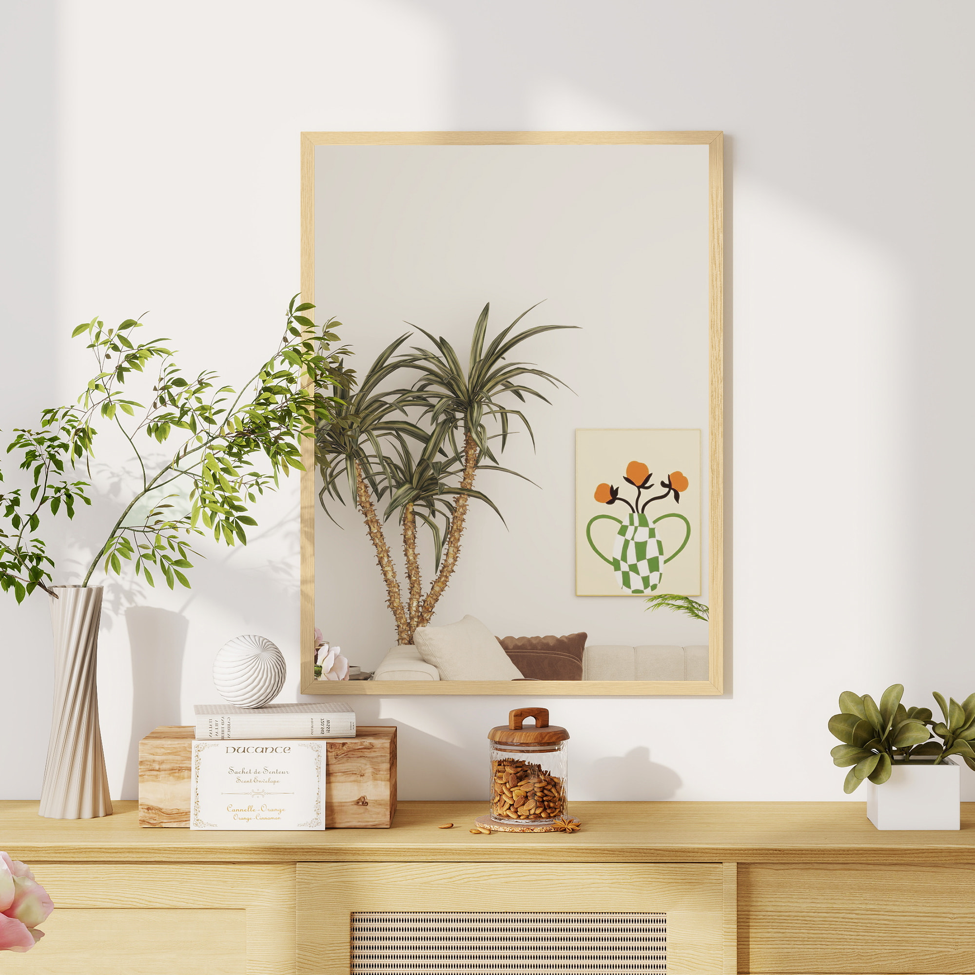 Miroir mural rectangulaire dim. 60L x 80H cm MDF effet bois naturel