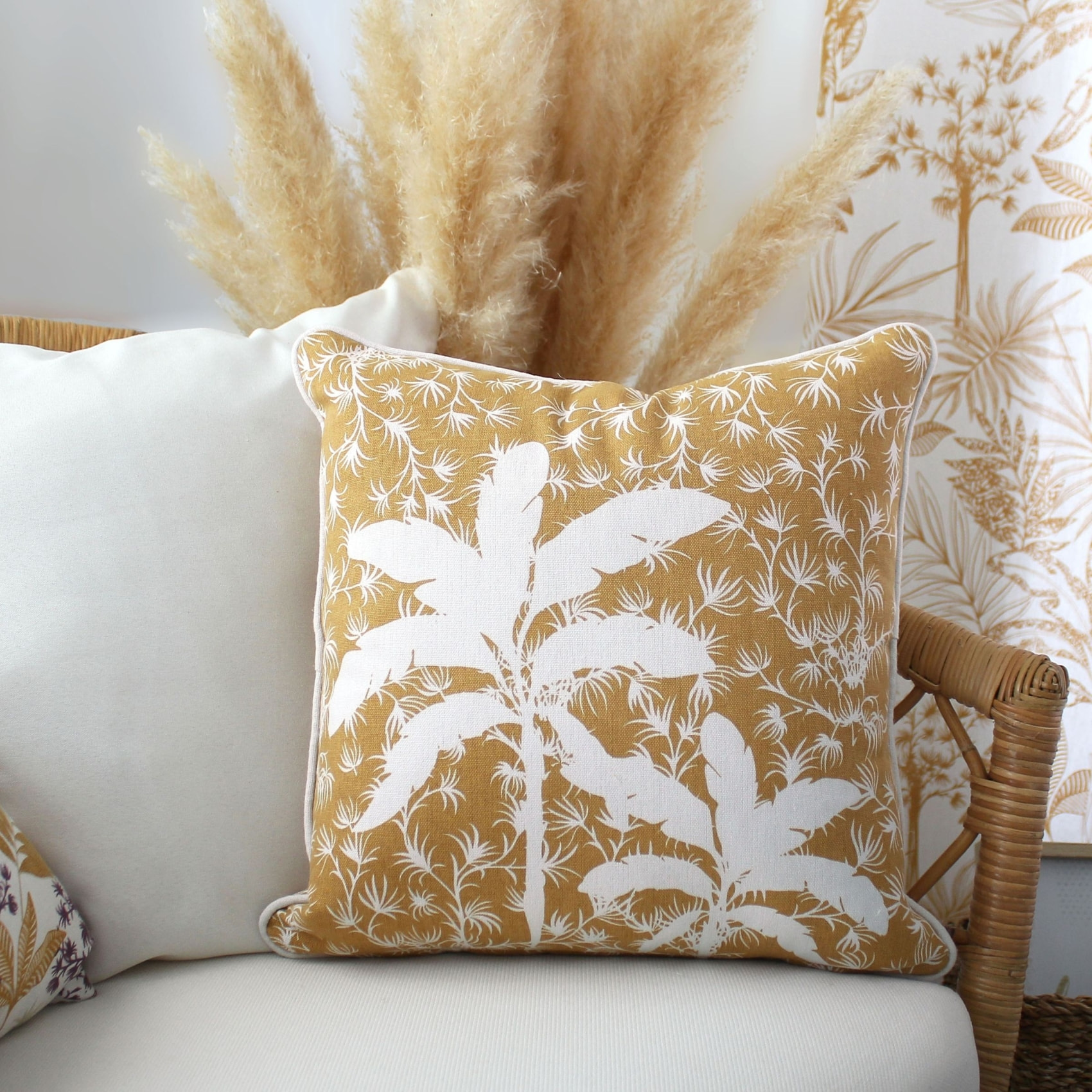 Coussin déhoussable style végétal - Beige