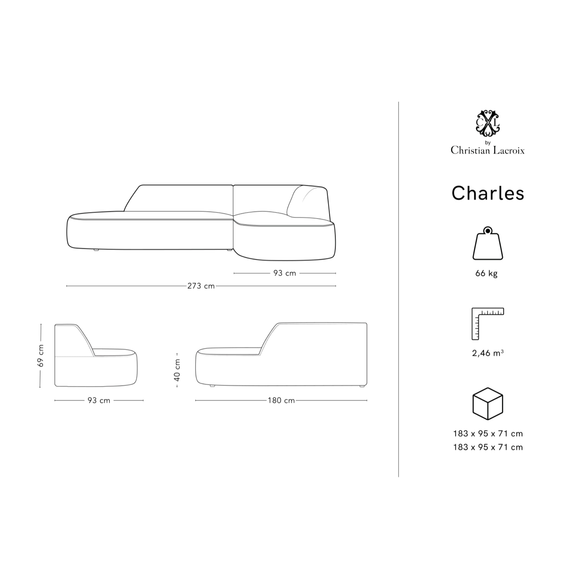 Canapé d'angle droit "Charles" 4 places en velours gris foncé