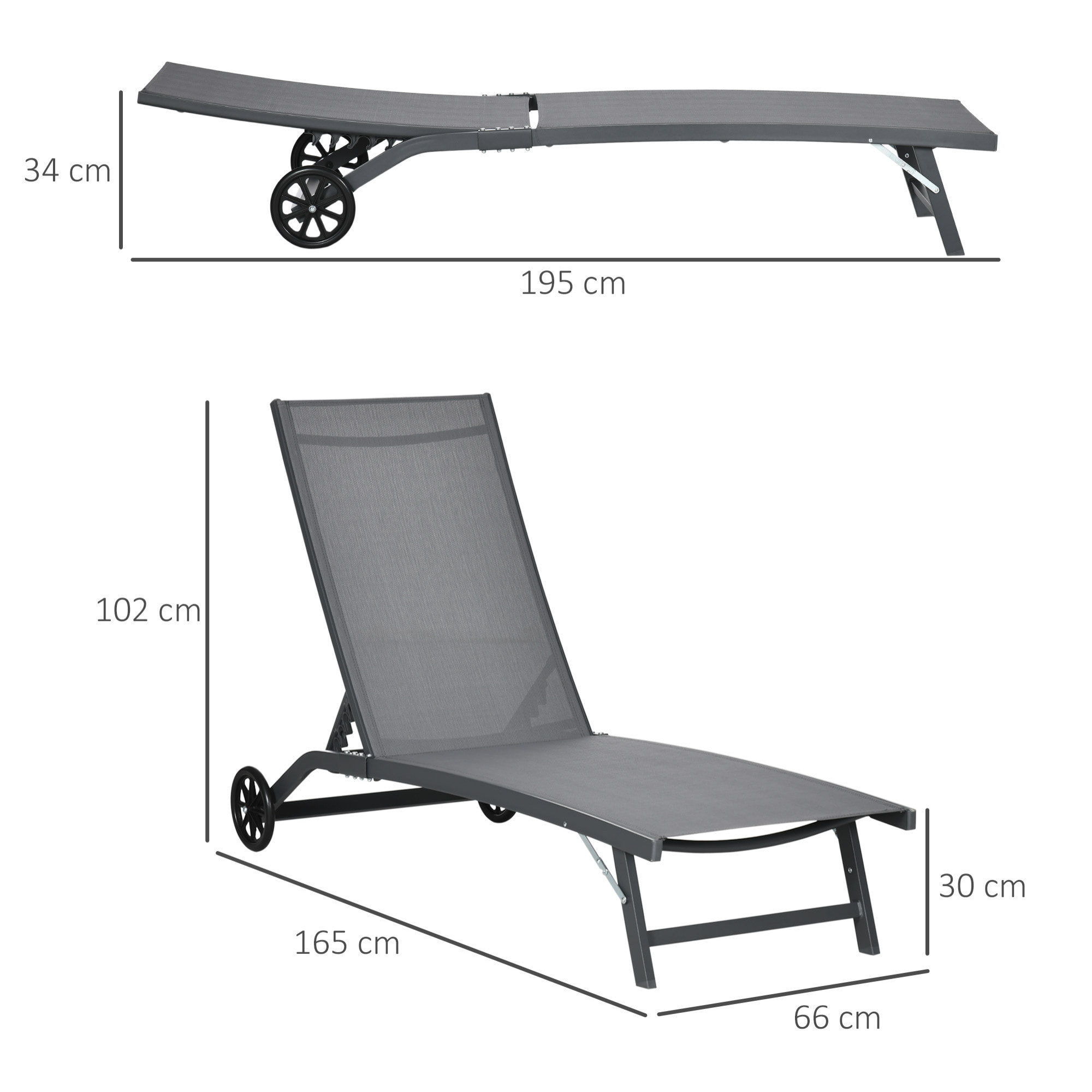 Pack de 2 Tumbonas de Jardín Exterior Tumbonas Reclinables de Aluminio con Respaldo Ajustable de 5 Niveles y Ruedas para Playa Piscina 165x66x102 cm Gris Oscuro