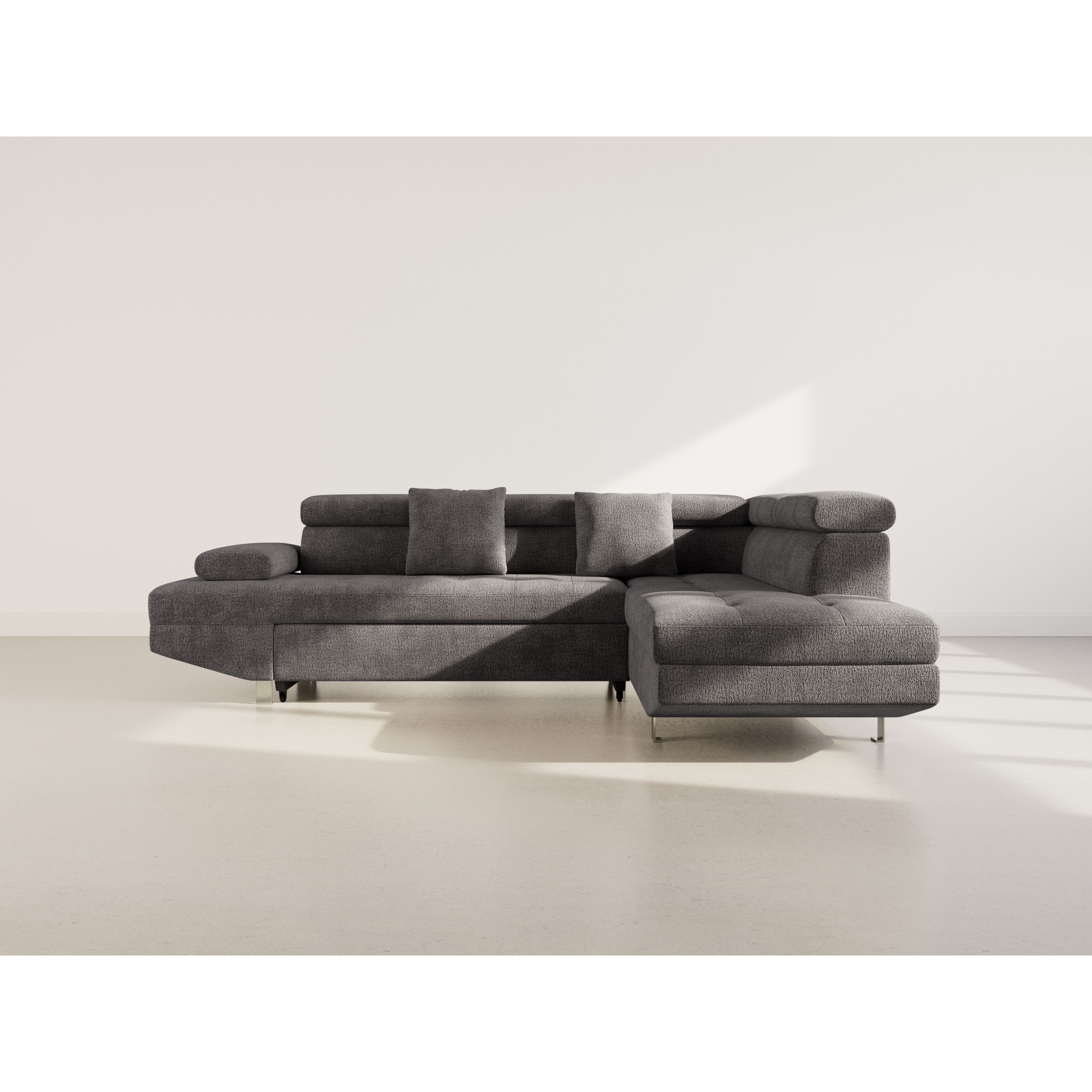 Margaux - Canapé d'angle droit 5 places convertible avec coffre et têtières réglables en velours texturé - Gris
