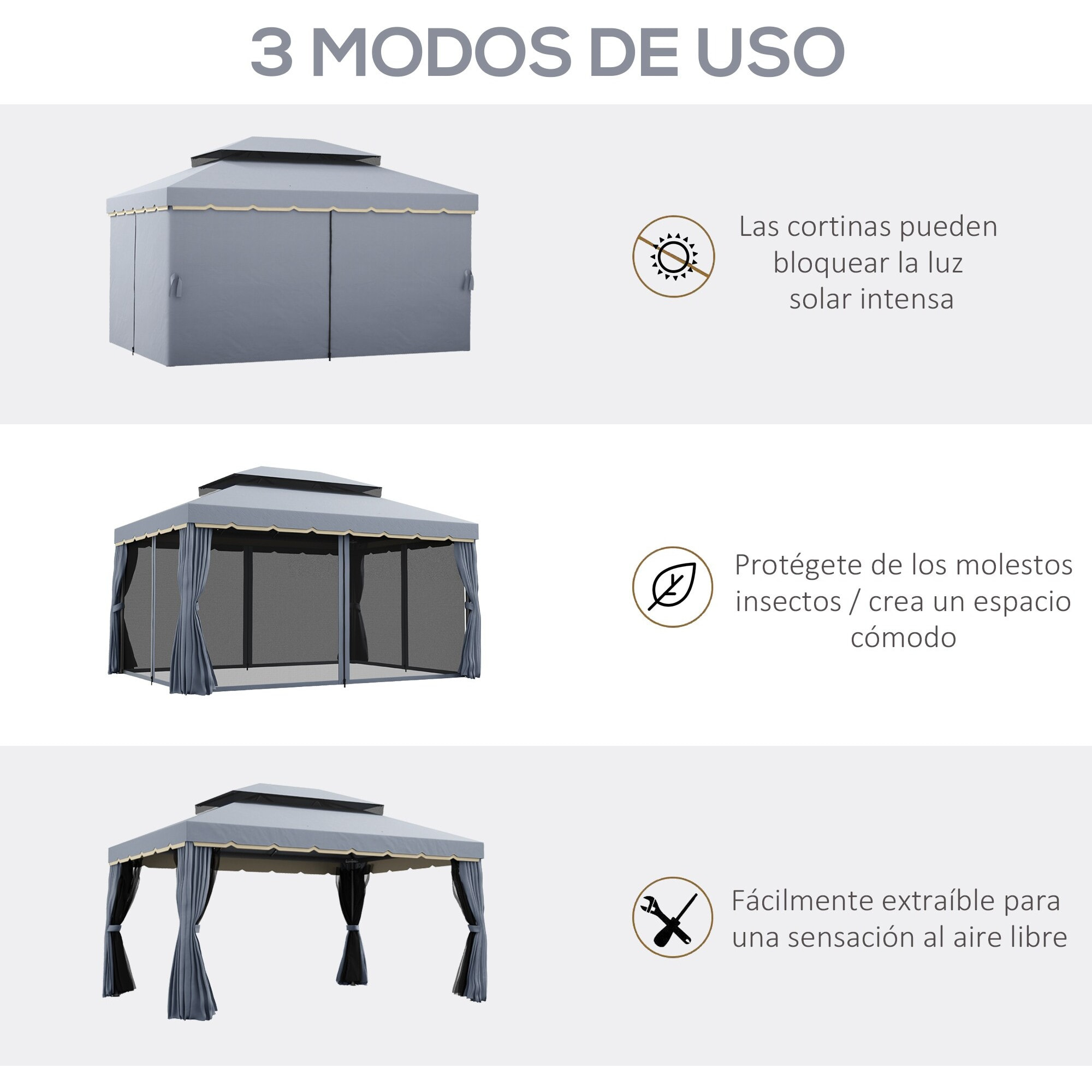 Conjunto de Cenador Incluye 1 Cenador de Jardín 4x3 m con 4 Cortinas Laterales 4 Mosquiteras y 1 Techo de Repuesto 4x3 m para Fiestas Eventos Exterior Gris y Crema
