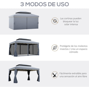 Conjunto de Cenador Incluye 1 Cenador de Jardín 4x3 m con 4 Cortinas Laterales 4 Mosquiteras y 1 Techo de Repuesto 4x3 m para Fiestas Eventos Exterior Gris y Crema