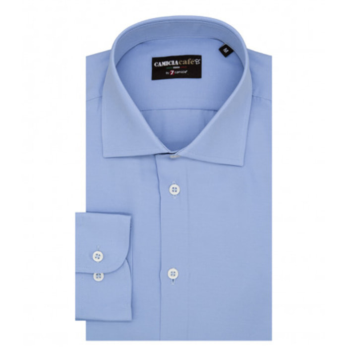 Camicia Uomo 1 Bottone Francese Slim Cotone Poliestere Unito Celeste