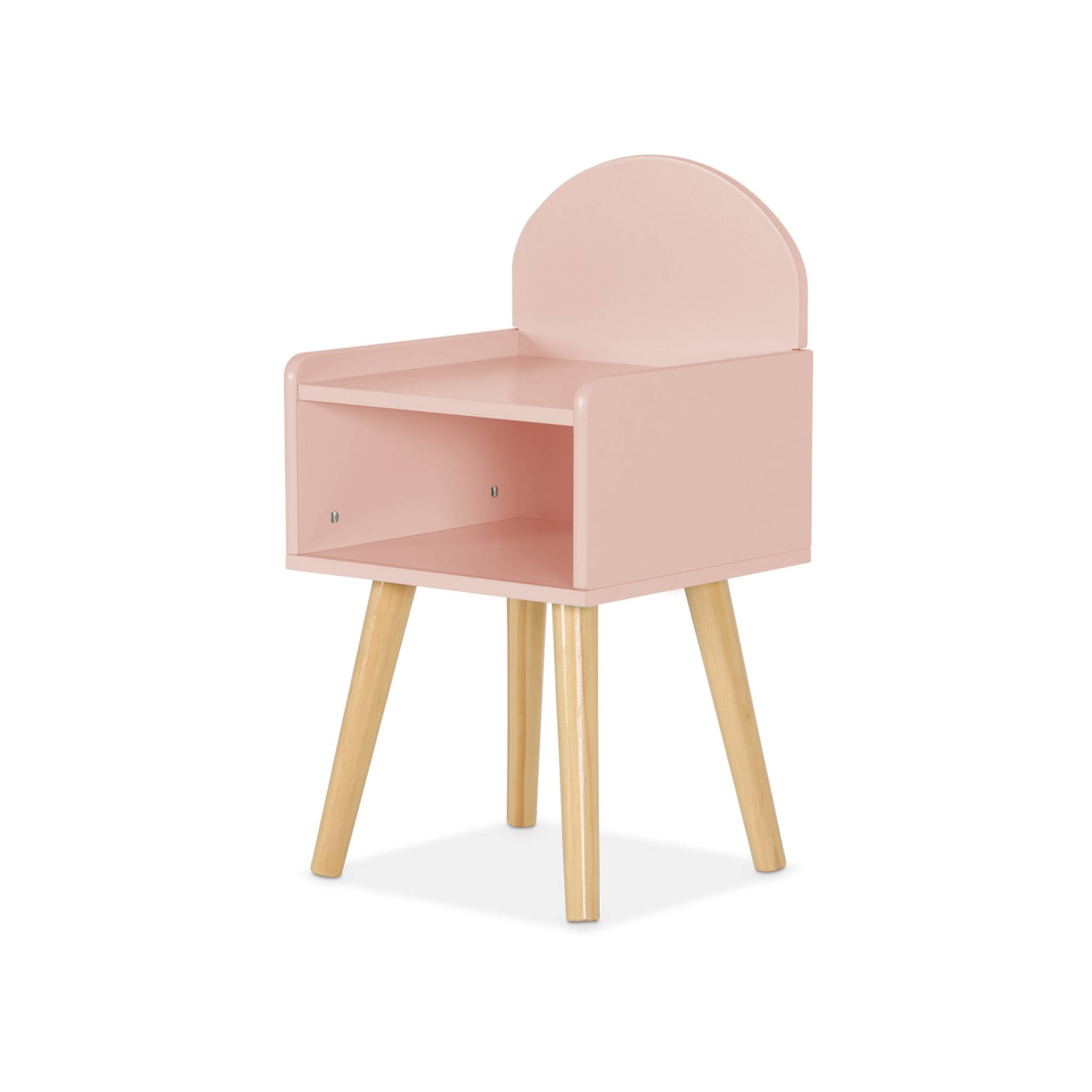 Table de chevet chambre enfant. rose. pieds en pin