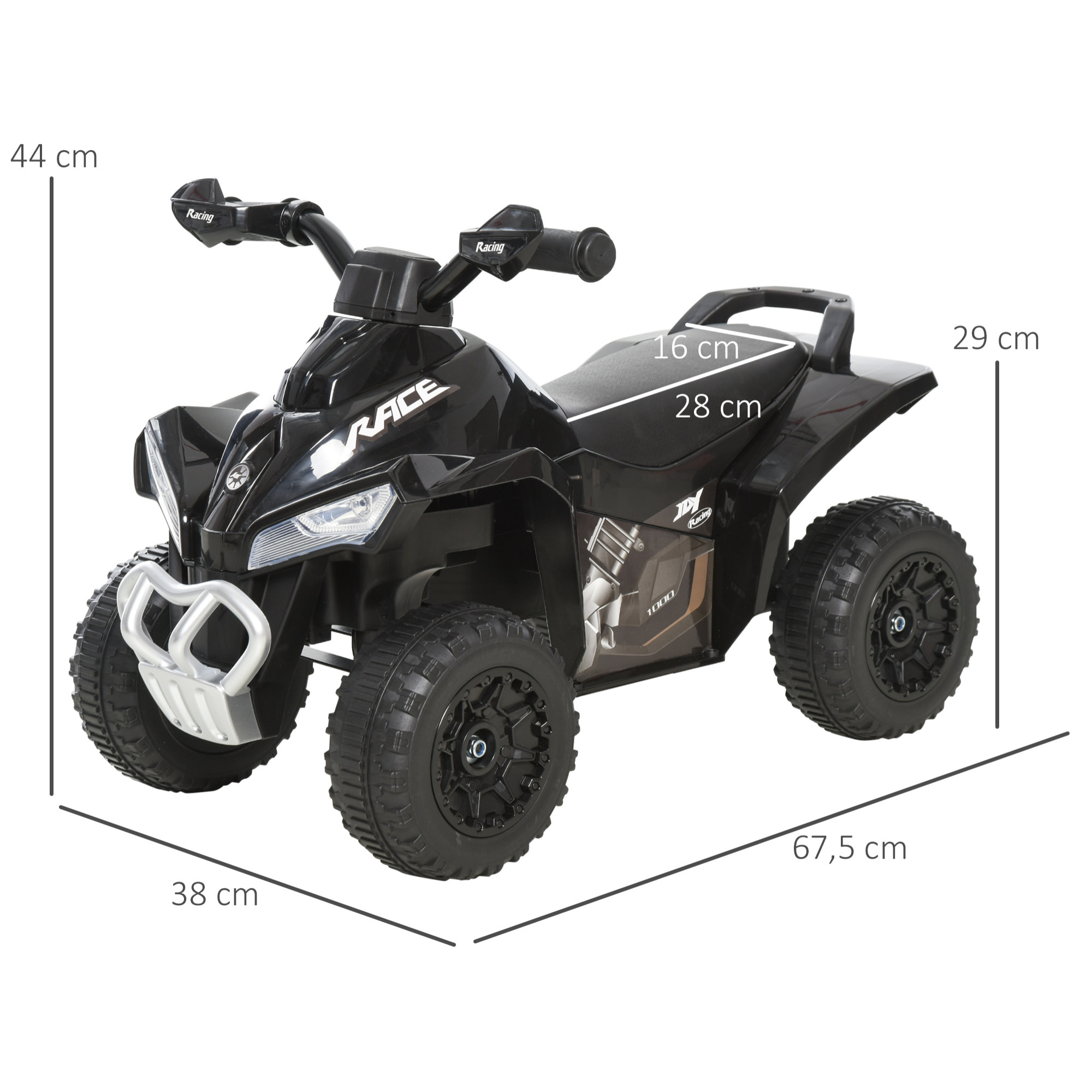 Quad Correpasillos Coche Correpasillos para Niños de 18-36 Meses con Función de Luces y Música Soporta hasta 20 kg 67,5x38x44 cm Negro