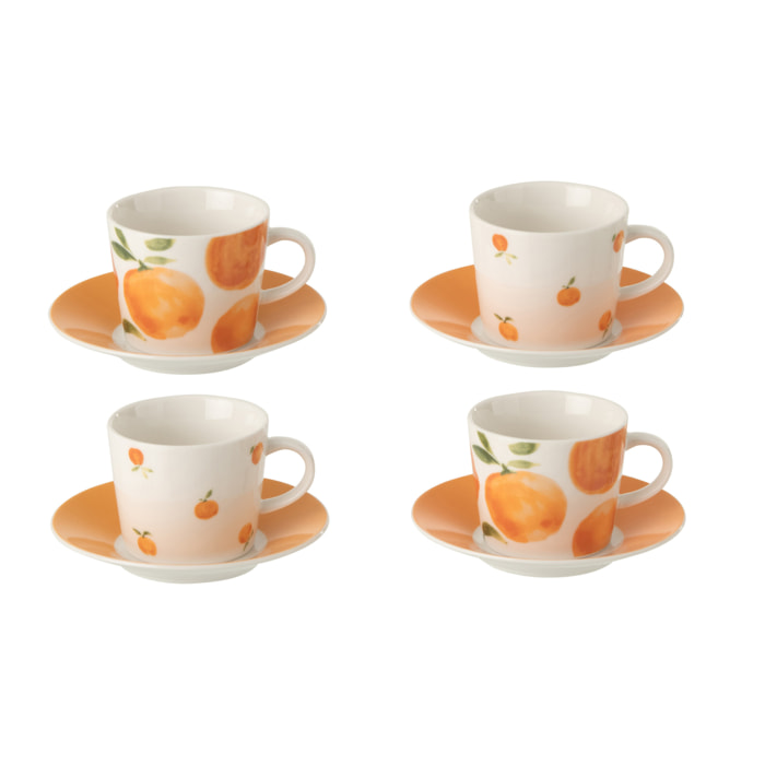 J-Line Tasse + Sous-tasse Orange - céramique - blanc/orange- small - set de 4