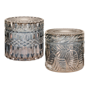 Set di 2 vasetti decorativi in vetro fumé con coperchio e motivi in rilievo ø9x8,5 cm