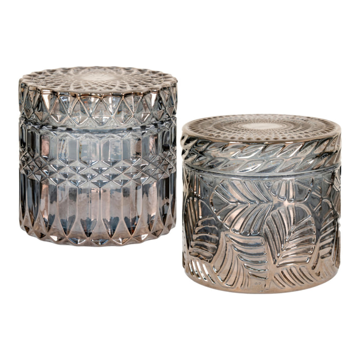 Set di 2 vasetti decorativi in vetro fumé con coperchio e motivi in rilievo ø9x8,5 cm