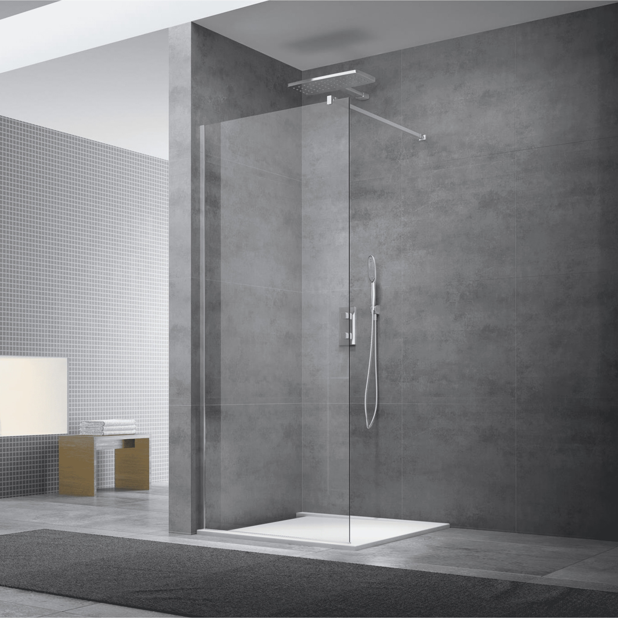 Walk-in Set Paroi de douche 77x200cm fixe en verre transparent Easy Clean + Bras de montage +  Profilé, Chrome (WI80-SET)