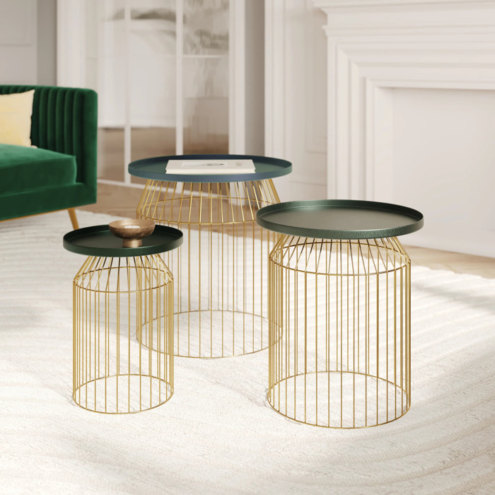 Tables d'appoints rondes en métal bleu gris et laiton (lot de 3) - Palombe