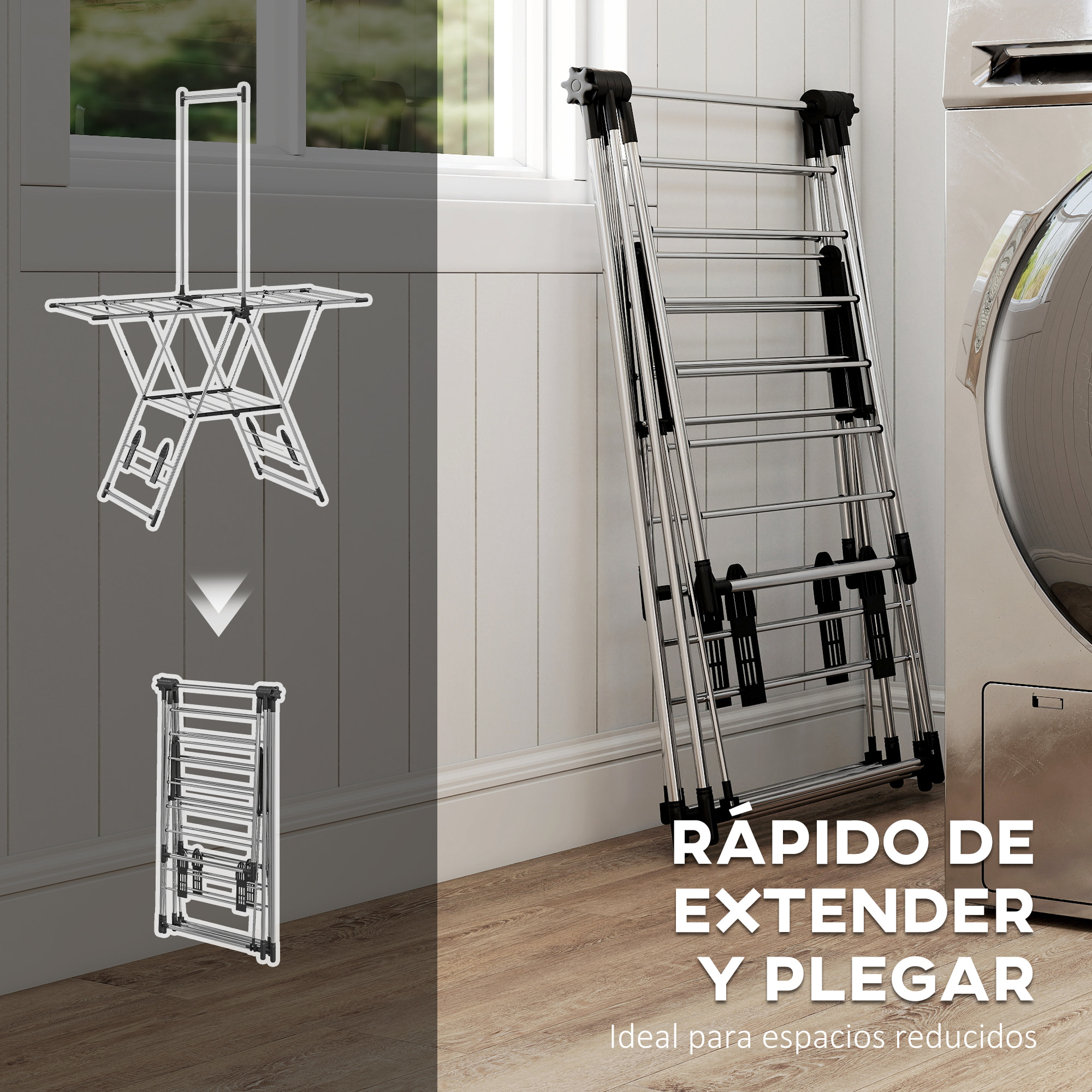 Tendedero Vertical Plegable, Tendedero de Ropa con Alas Ajustables en 5 Niveles, 4 Soportes para Calzado, Barra y Estante, Marco de Acero Inoxidable, para Interior y Exterior, Plata