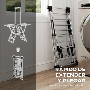 Tendedero Vertical Plegable, Tendedero de Ropa con Alas Ajustables en 5 Niveles, 4 Soportes para Calzado, Barra y Estante, Marco de Acero Inoxidable, para Interior y Exterior, Plata