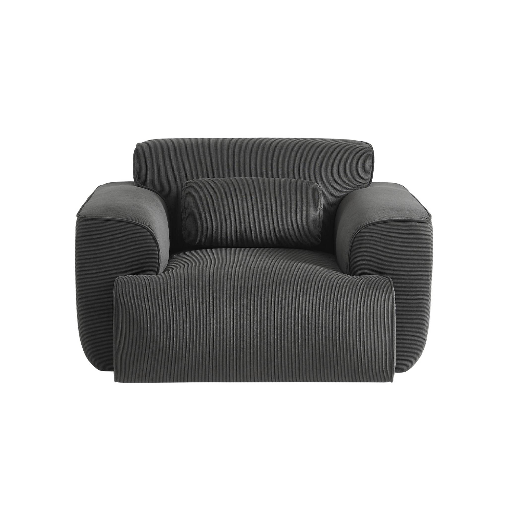 Fauteuil velours côtelé gris foncé. lignes arrondies. coussin fourni. Wallas. L 116 x P 97 x H 73cm