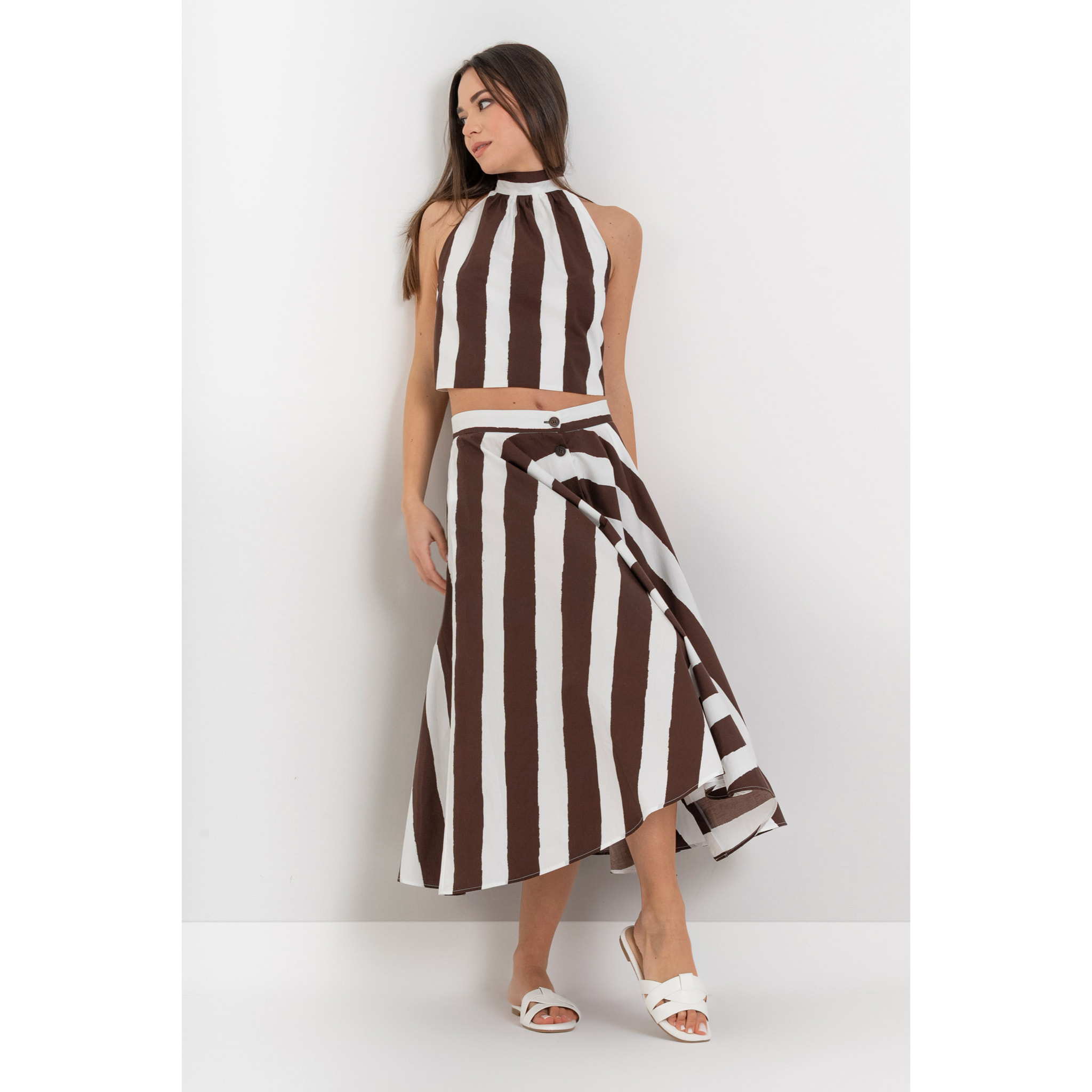Kocca - Gonna midi svasata in 100% cotone a righe con vita alta Donna