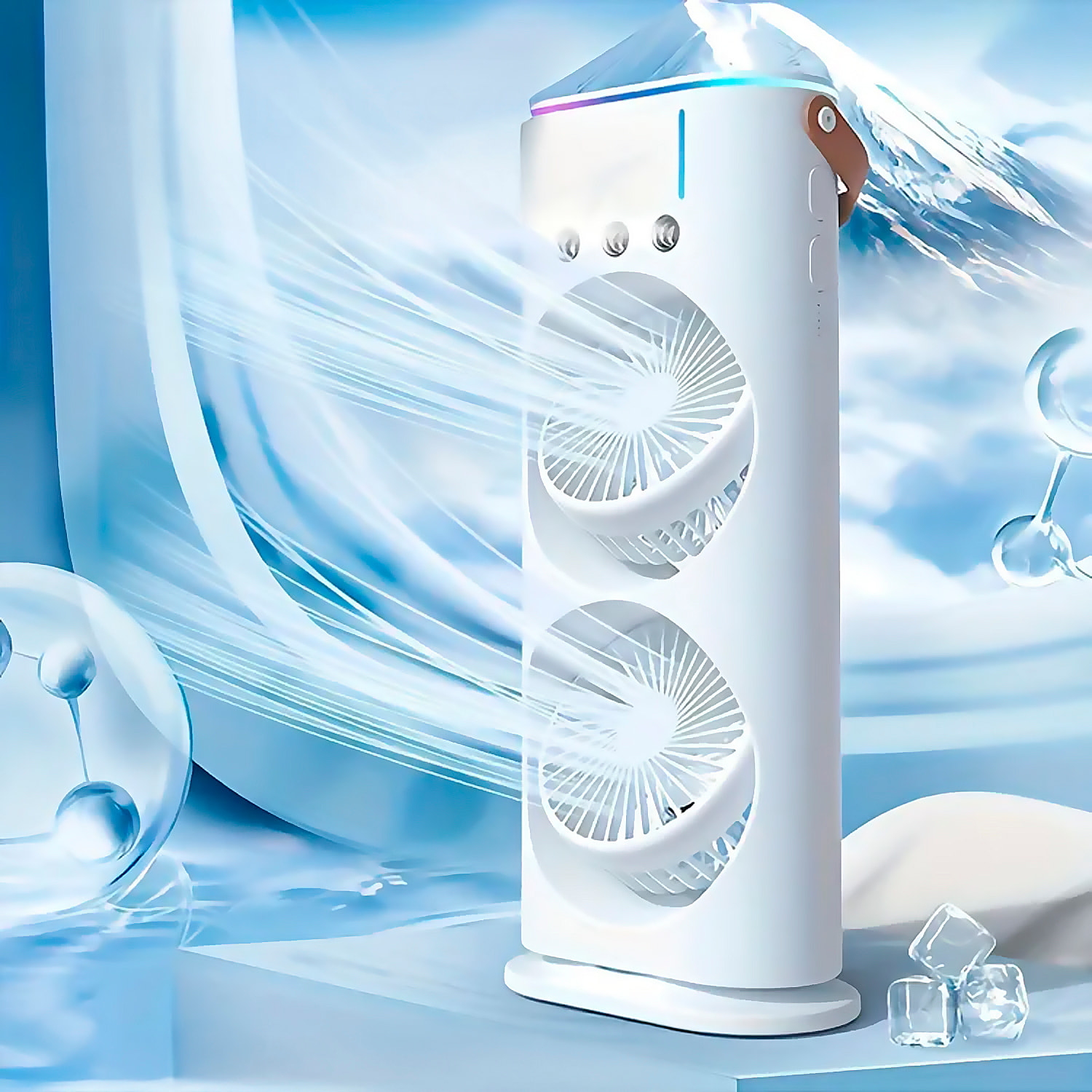 Ventilador torre RGB de doble cabezal con niebla de enfriamiento, 3 velocidades, oscilación de 90° y control remoto.