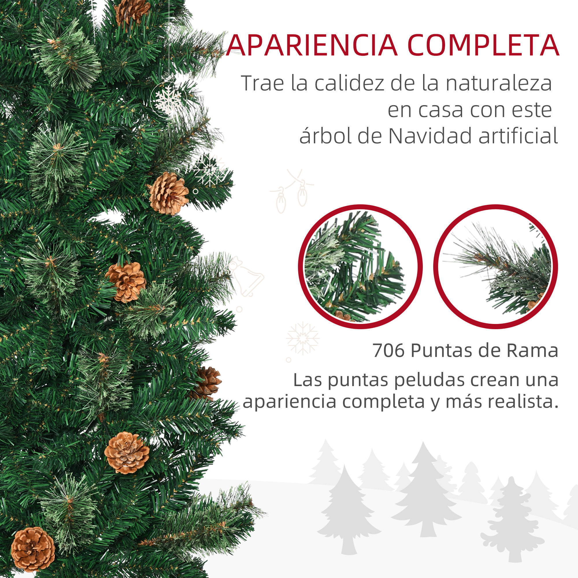 Árbol de Navidad Artificial 225 cm Árbol de Navideño de 706 Ramas Árbol de Navidad Estrecho Forma de Lápiz con 56 Piñas Base Plegable cm Verde