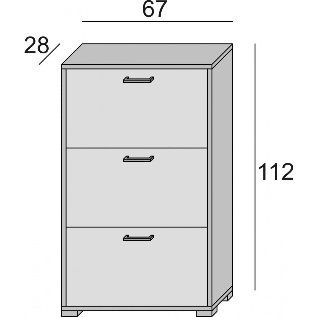 Scarpiera Peonia, Mobile multiuso da ingresso con 3 ante a ribalta, Armadietto portascarpe a doppia profondità, 100% Made in Italy, Cm 67x28h112, Bianco e Rovere