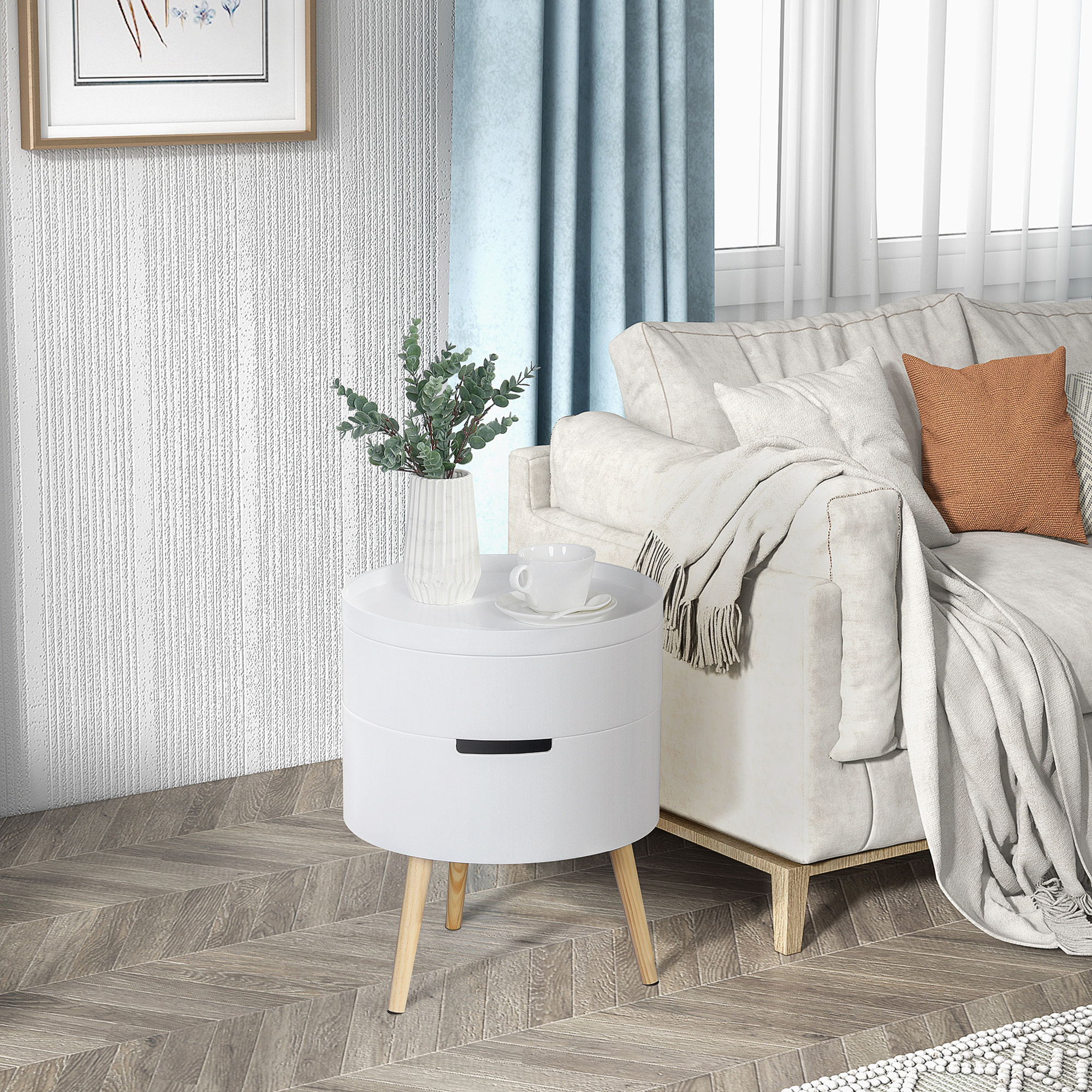 Mesa Auxiliar de Salón Moderna Mesita de Noche con Tapa Extraíble 2 Espacios de Almacenamiento y Patas de Madera para Dormitorio Sofá Esquina Ø38x48,3 cm