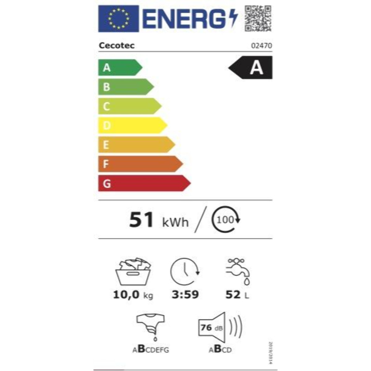 Cecotec Lavadora 10Kg de Carga Frontal Bolero Dresscode 10500 Inverter A 1950W 1