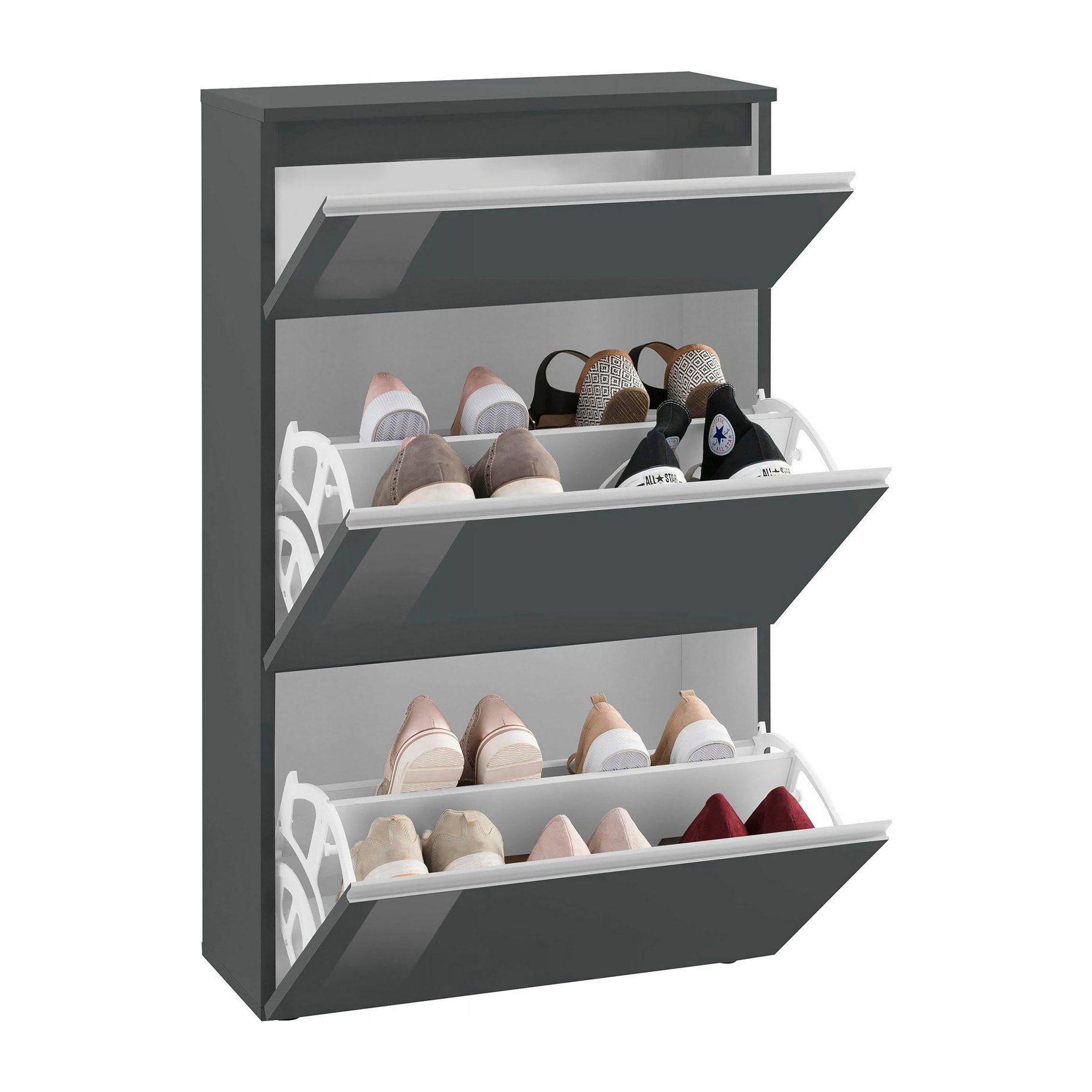 Scarpiera Alejandra, Mobile multiuso a 2 ante e 1 anta a ribalta, Portascarpe da ingresso, 100% Made in Italy, cm 60x27h108, Antracite lucido
