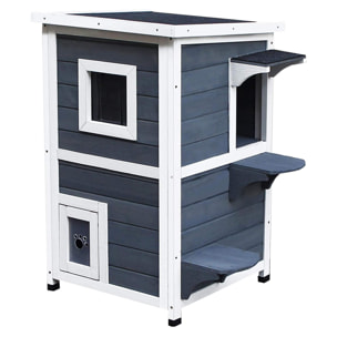 Caseta para Gatos de Madera Exterior Casa para Gatos de 2 Pisos con Techo Abrible Ventanas y 2 Plataformas para Terraza Balcón Jardín 51x51x81,3 cm Gris