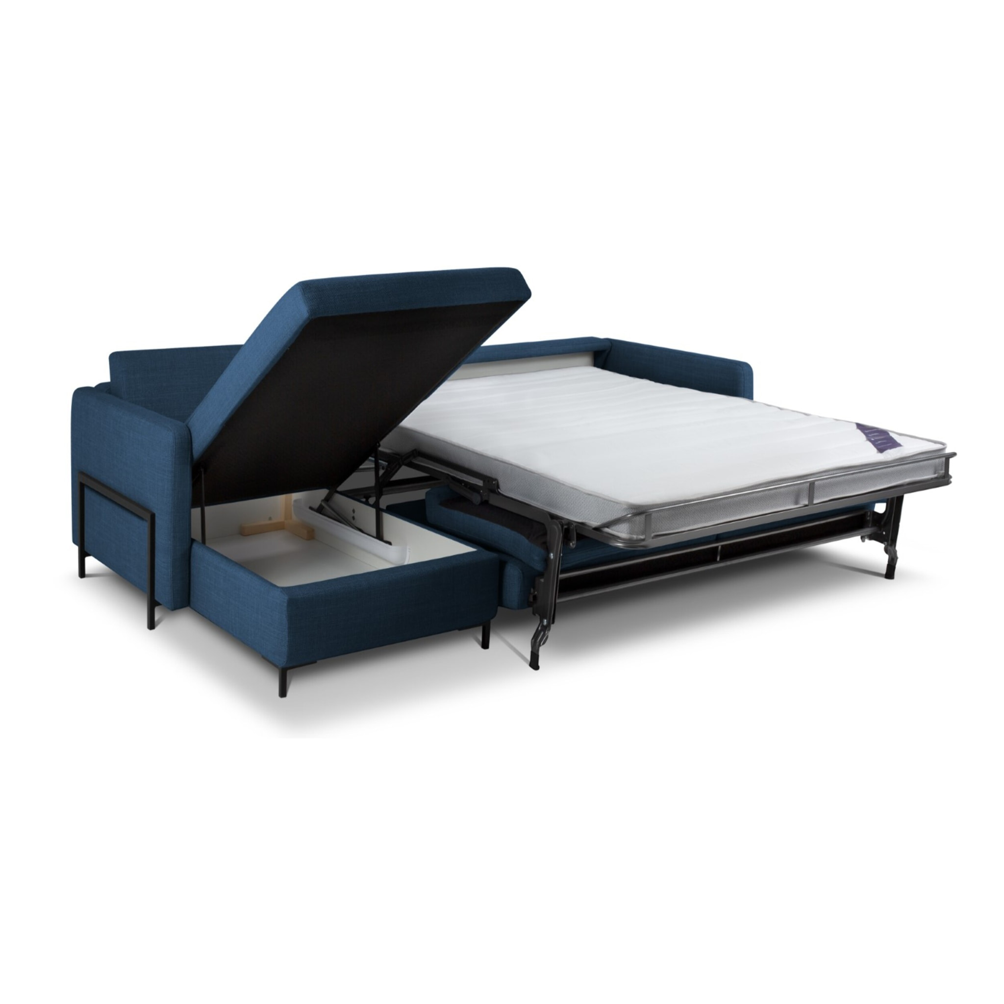Canapé d'angle gauche convertible avec coffre de rangement "Yanis" 5 places en tissu structurel bleu