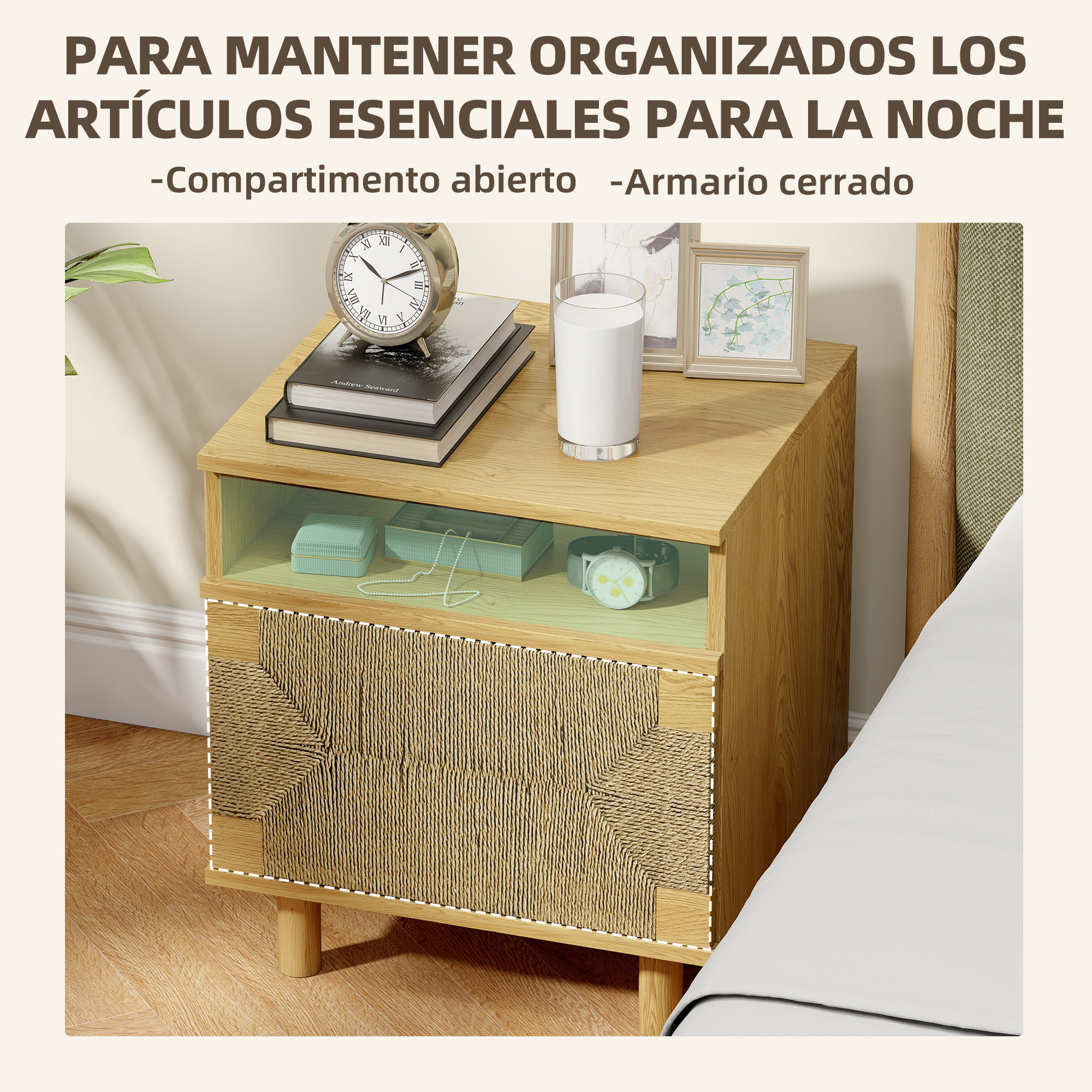 Mesita de Noche Bohemio con Puerta de Cuerda de Papel, Mesilla de Noche con Estante Abierto, Patas de Madera y Apertura por Presión, Mesa Auxiliar para Dormitorio, Salón, 45x39x50 cm, Roble