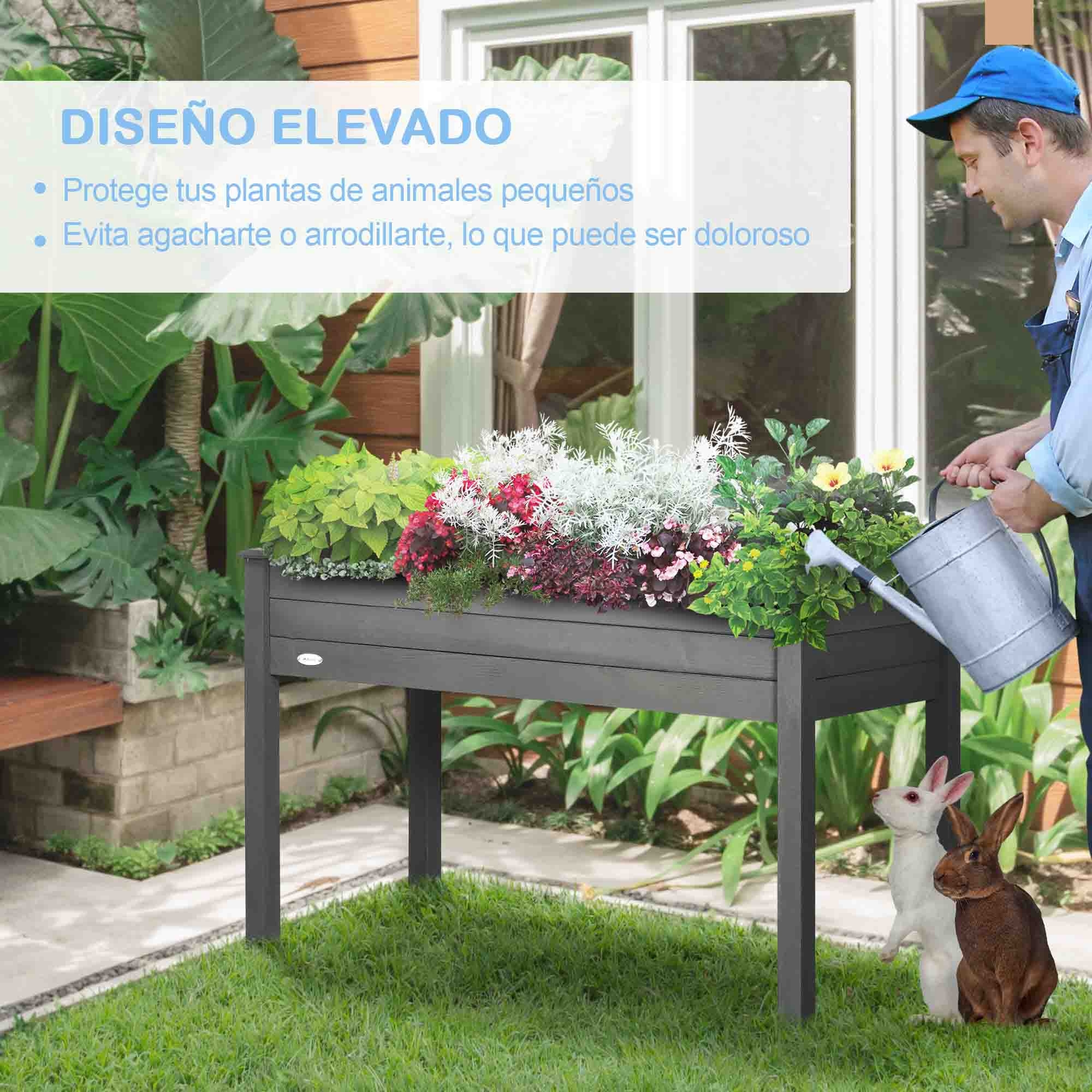 Huerto Urbano Elevado de Madera, Mesa de Cultivo con Tela no Tejida y 4 Orificios de Drenaje, para Cultivo, Plantas, Flores y Verduras, 122,5x56,5x76 cm, Gris Oscuro