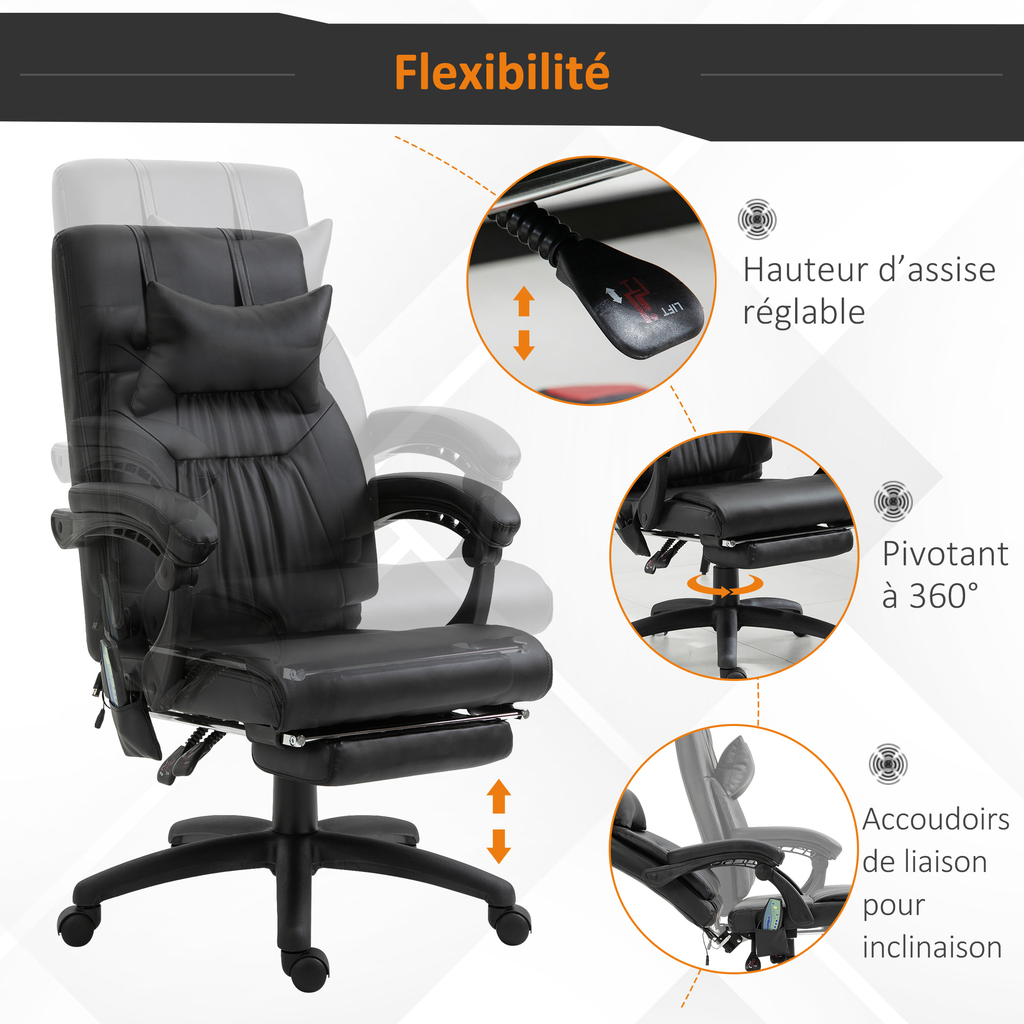 Fauteuil de bureau manager massant hauteur réglable dossier inclinable repose-pied + appui-tête 68 x 79 x 104-112 cm noir