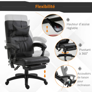 Fauteuil de bureau manager massant hauteur réglable dossier inclinable repose-pied + appui-tête 68 x 79 x 104-112 cm noir