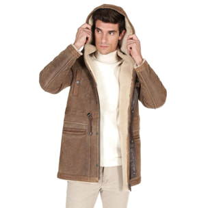 Cappotto Montone Shearling color fango con cappuccio staccabile