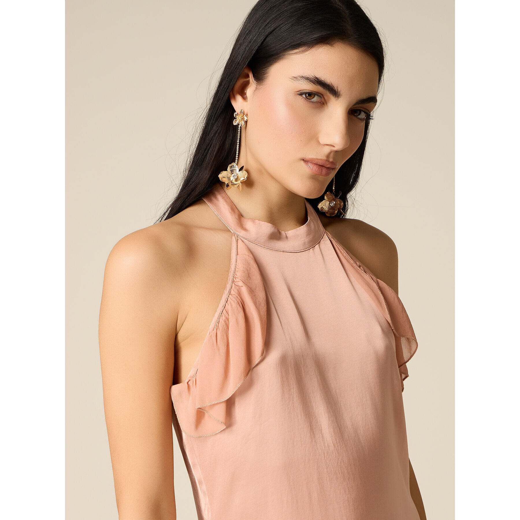 Oltre - Vestido largo de satén con volante - Rosa