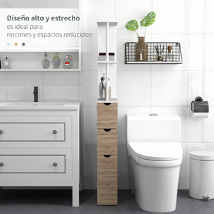 Columna Auxiliar de Baño Estrecha Armario Alto de Baño Moderno Mueble Auxiliar con 2 Estantes 2 Cajones y 1 Puerta Antivuelco 15x33x136,8 cm Natural