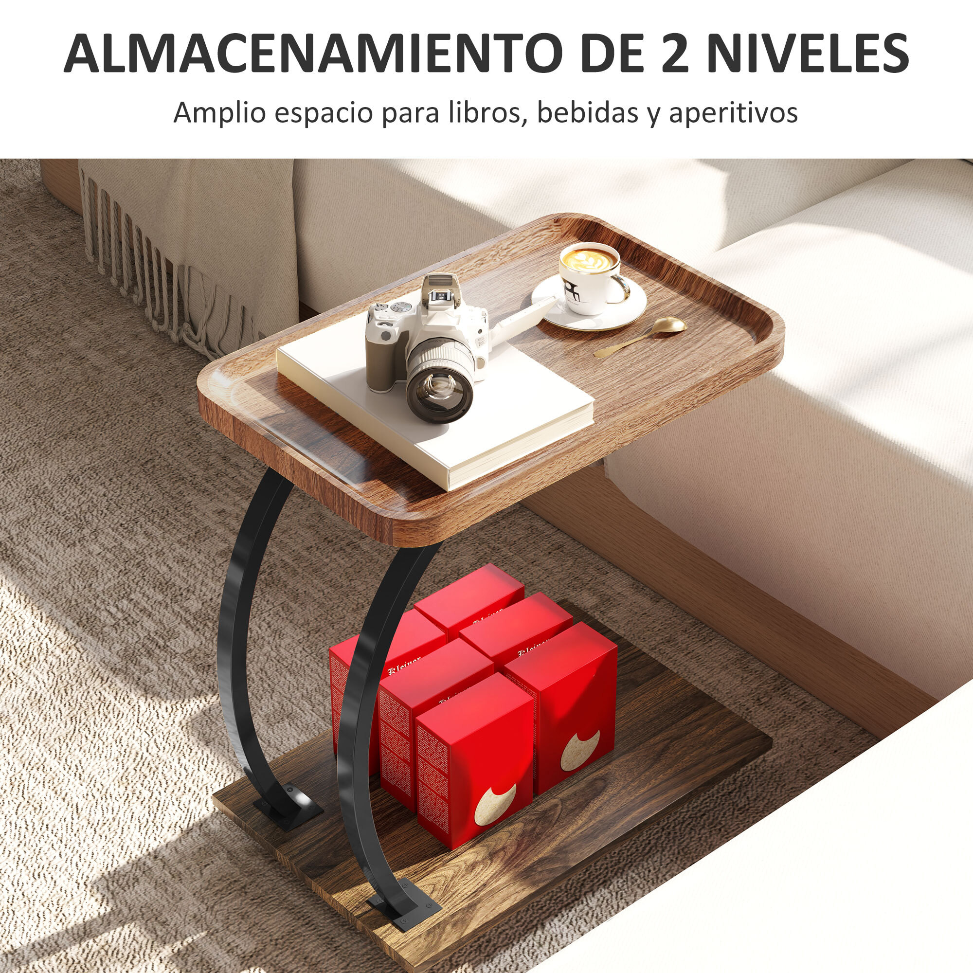Mesa Auxiliar con Ruedas Mesa para Sofá con Bandeja Superior Estante Estructura de Acero Mesita Auxiliar para Salón Dormitorio Marrón