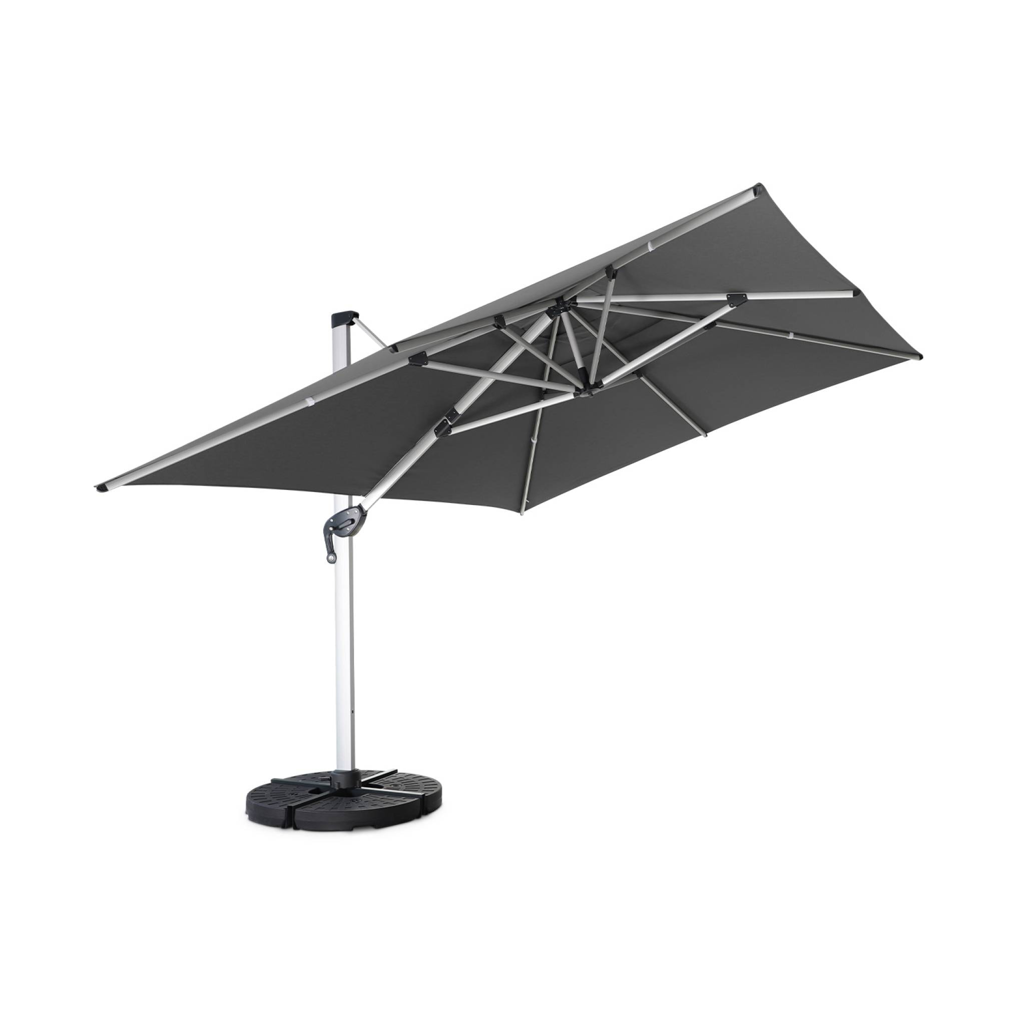 Parasol déporté haut de gamme 3x4m gris. toile en polyester teintée dans la masse. structure aluminium anodisé. housse incluse