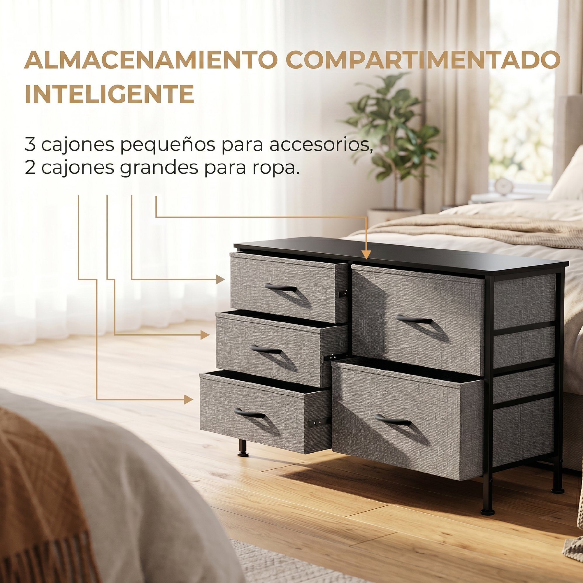 Cómoda con 5 Cajones de Tela, Cómoda para Dormitorio, Marco de Acero, Cajonera para Salón, Oficina, Vestidor, Negro y Gris Oscuro