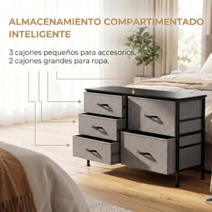 Cómoda con 5 Cajones de Tela, Cómoda para Dormitorio, Marco de Acero, Cajonera para Salón, Oficina, Vestidor, Negro y Gris Oscuro